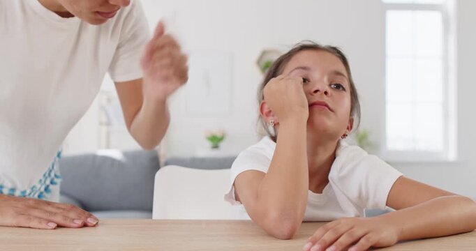 Stress and boredom of daughter from mothers demands, woman giving girl rules, list of tasks to do at home. Difficult conversation problem and family conflict of bored child and grumpy mom at home