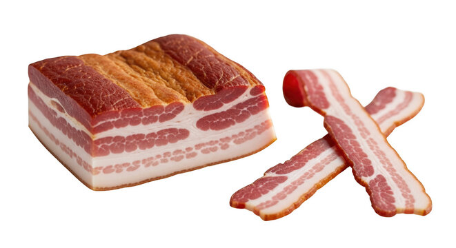 Delicious smoked bacon slab and slices fresh cut isolated on transparent background