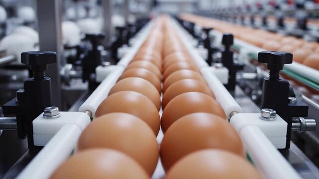 Automated conveyor belt processing a large quantity of fresh brown eggs in a factory