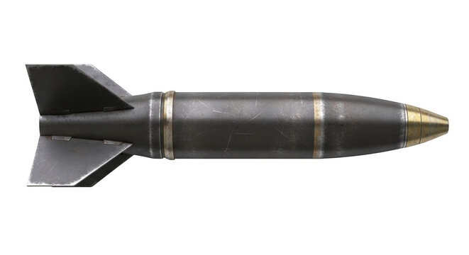 Detailed render of a heavy gray bomb with tail fins isolated on transparent background