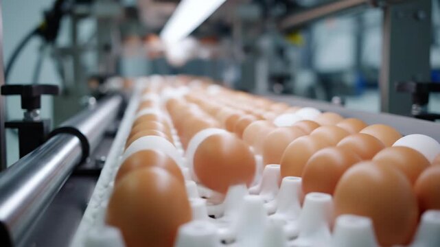 Automated conveyor belt sorting and packaging of fresh chicken eggs in a factory