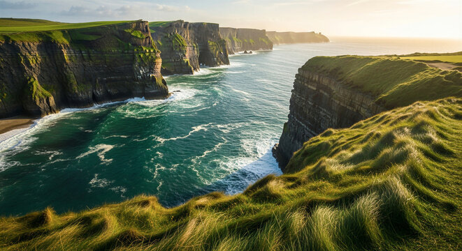 Coastal view of ocean with tall cliffs and green grass. Beautiful nature landscape scene for travel blog or environmental concept.