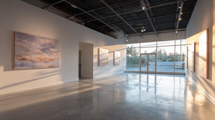 Obraz premium Modern art gallery with large canvas paintings and natural light