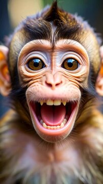 Close-up of a small monkey with bright eyes and an open mouth showing teeth