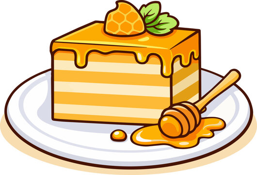 Cute flat medovik honey cake slice with honey dipper vector illustration isolated on white background.