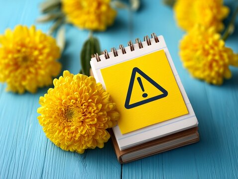 黄色い付箋の警告マークと花で注意点やリスク管理を分かりやすく伝えるビジネスイメージ