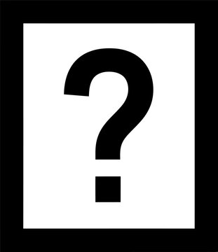 A large question mark symbol in a black frame on a white background