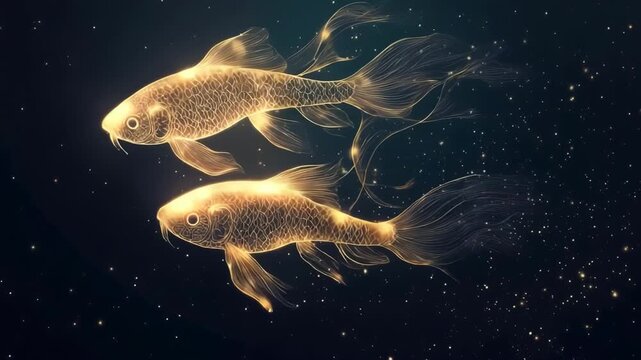 Golden light particle fish swimming elegantly in a mesmerizing celestial dance through the vast, star filled expanse of the cosmos, a concept of mythology and astrology