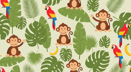 Jungle Safari Adventure Seamless Pattern Charming Monkey and Parrot Vector Illustration with Tropical Leaves and Bananas © Purnomo