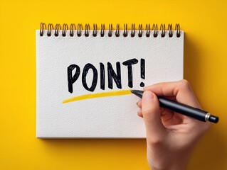 黄色い背景のメモにPOINTと書きペンで下線を引いて要点を明確に伝える説明シーン