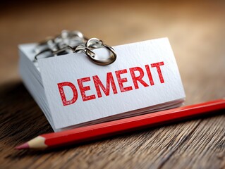 DEMERITの赤文字カードで欠点や注意点を明確に示し比較検討を促すイメージ