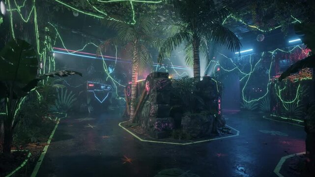 Medium shot of immersive junglethemed laser tag arena with glowing vines and tropical props placed under subtle blacklight glow.