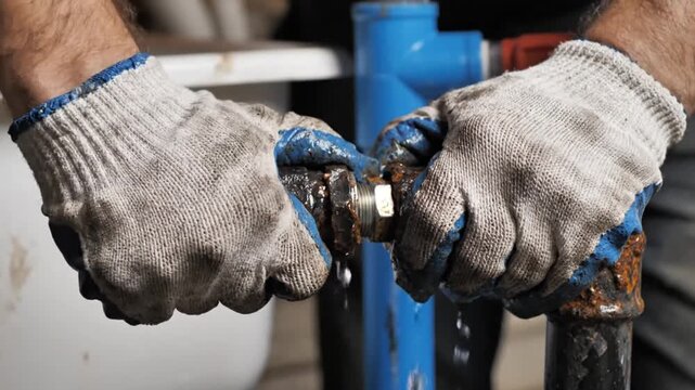 A person wearing gloves is tightening a pipe fitting in a plumbing video