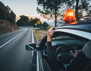 Naklejka premium Driver placing V16 emergency beacon on car roof on road, breakdown situation