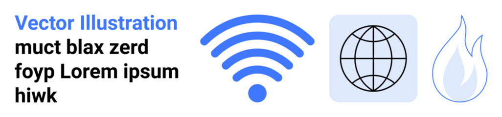 Obraz premium Digital communication, global internet, wireless technology, connectivity, network access, modern icons. Blue wireless signal, a globe symbol and a flame icon. Digital communication and global