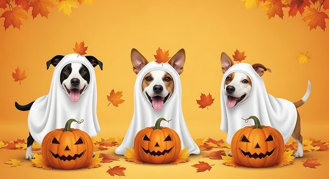 Three cute dogs in ghost costumes with jack-o-lanterns and autumn leaves