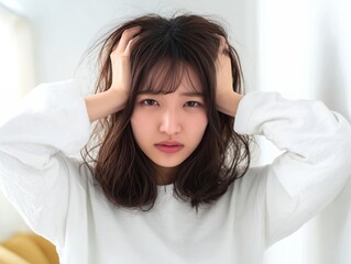 Naklejka premium 頭を抱えて悩む室内の若い女性が感じるストレスや不安のリアルな表情
