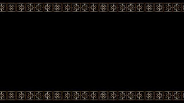 Golden frame border seamless loop animation with ornamental pattern moving horizontally from left to right on black background. 4K animated luxury frame border for cinematic title and motion graphic.