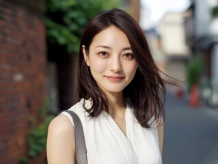 Fototapeta premium 街並みを背景に自然な微笑みを浮かべる若い女性が清潔感と前向きさを感じさせる日常の一瞬