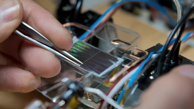 Closeup of OLED screen restoration showing delicate ribbon cable reattachment by skilled hands with fine instruments