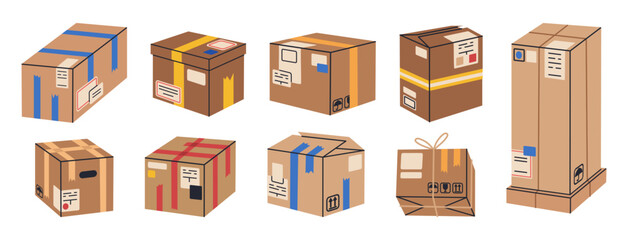 Fototapeta premium Cargo cardboard boxes. Packed parcels, stacked carton warehouse box piles, delivery or moving carton containers stack flat vector illustration set. Hand drawn boxes on white background