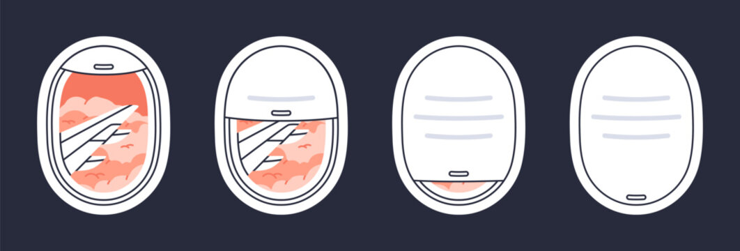 Aircraft porthole. Cartoon flying airplane window with sunset sky and clouds, plane window view flat vector illustration set. Hand drawn plane skyscape