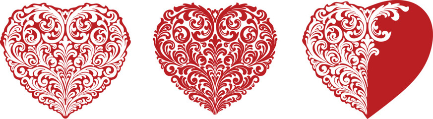 Ornamental vector set of three decorative hearts with vintage floral filigree. Romantic red and white design ideal for Valentine&rsquo;s Day, wedding invitations, love cards, posters, and festive decoration