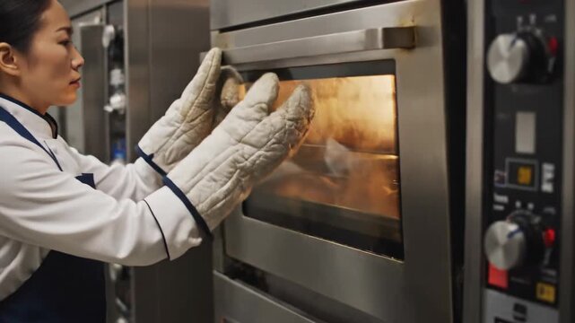 Baker placing tray of golden brown bread rolls with sesame seeds into industrial oven