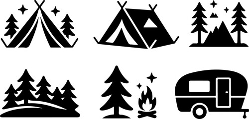 Outdoor Camping Adventure Icon Silhouette Set