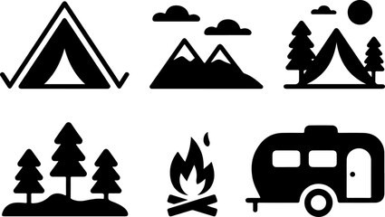 Outdoor Camping Adventure Icon Silhouette Set