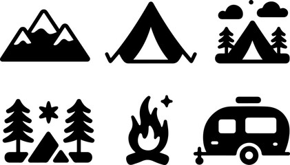 Outdoor Camping Adventure Icon Silhouette Set