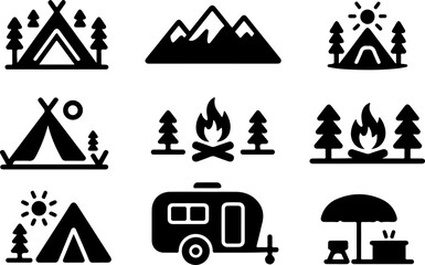 Outdoor Camping Adventure Icon Silhouette Set