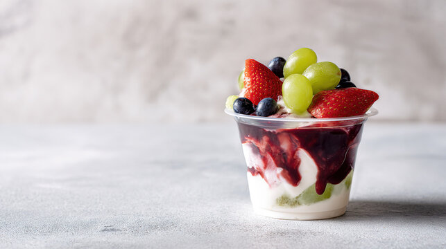 Fresh fruit yogurt in clear cup on neutral background