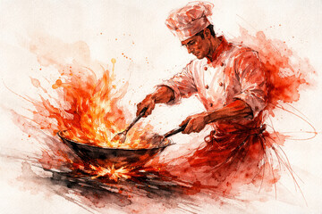 Professional Chef Cooking in Flaming Wok Watercolor Illustration