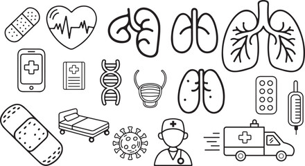 Hand Drawn Medical Health Care Doodle Icon Set &ndash; Hospital, Doctor, Medicine & First Aid Line Vector Collection