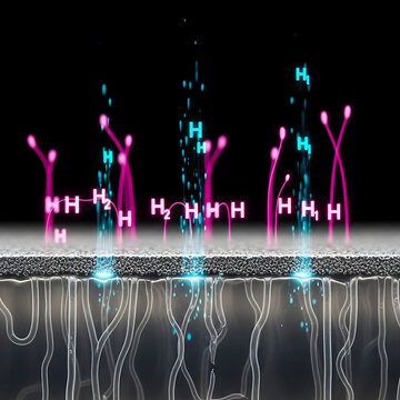 Hydrogen molecules passing through a semipermeable membrane with pink and blue graphics transparent background