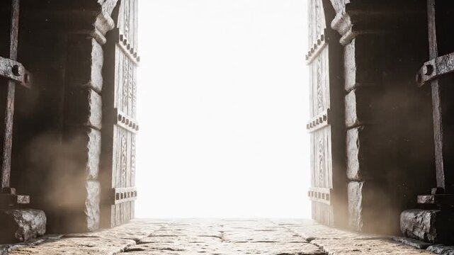 A video showcasing an ancient temple with large wooden doors opening to a bright light