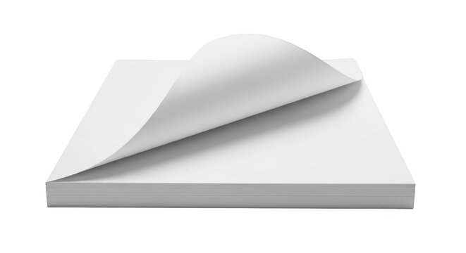 Stack of white printer paper with curled corner blank copy sheets isolated on transparent background