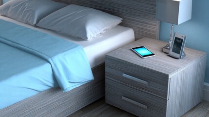 Fototapeta premium Modern Blue Themed Bedroom With Tablet On Nightstand.