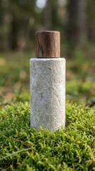 Naklejka premium Cosmetic bottle with textured surface and wooden cap standing on green moss in forest, natural organic packaging design, eco-friendly container, sustainable cosmetics, environment, minimal style