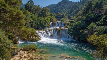 Obraz premium Scenic waterfall cascading into a turquoise river surrounded by lush greenery