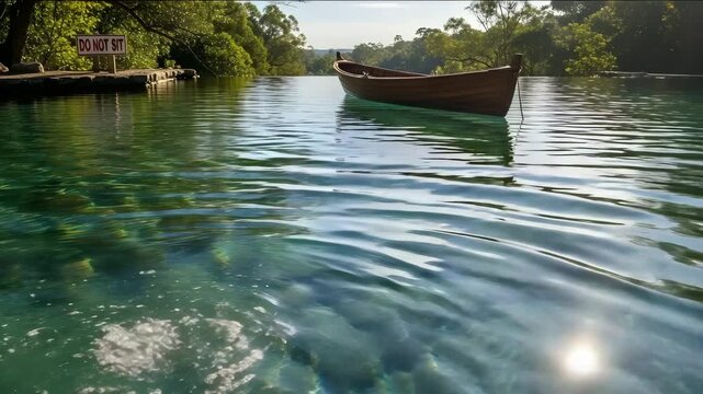 Wooden rowboat floats peacefully upon crystal clear emerald water outdoors