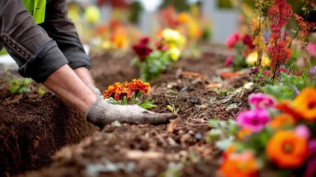 Medium shot of a worker gently placing a single flower arrangement on a freshly prepared single grave plot showcasing respect and attention to detail.