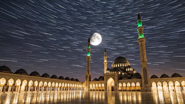 Cinematic 4k night footage of moonlit mosque courtyard with reflection and minarets
