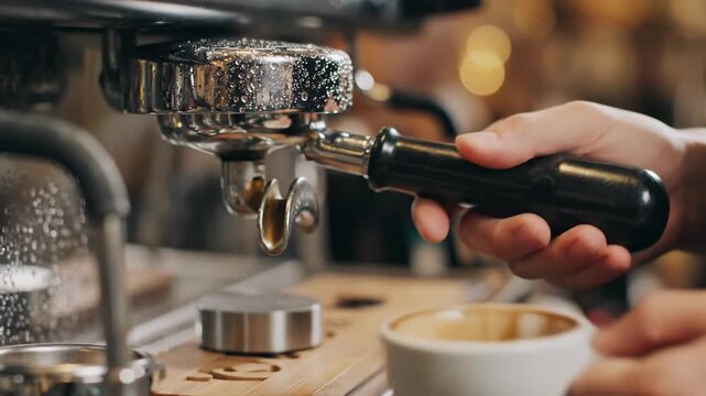 Barista tamping coffee grounds in portafilter for espresso machine, close-up shot