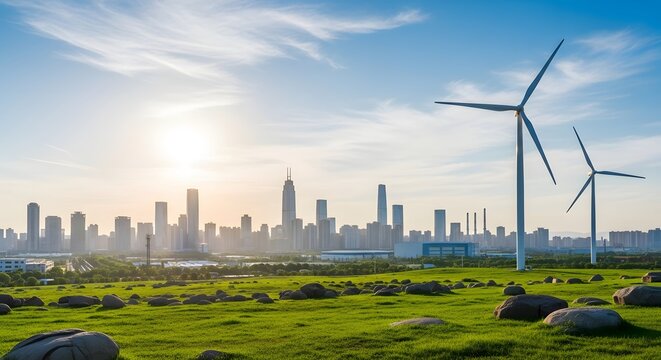 Wind turbines stand tall against the skyline of a bustling city at sunset.