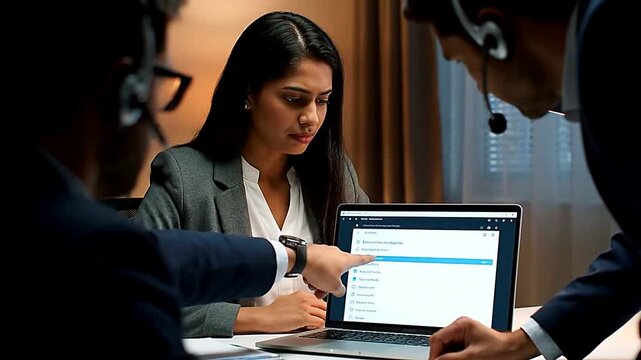 Close up of person pointing at screen in office or Medium shot of people looking at laptop in room