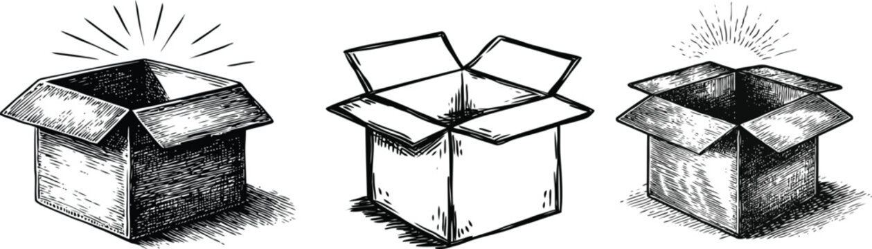 open cardboard box vintage engraving illustration set, hand drawn packaging sketch, shipping parcel concept, black and white retro line art collection isolated on white background