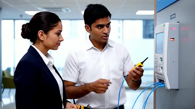 Close up of technician holding tester near machine in office or Medium shot of colleagues inspecting device with cables in room