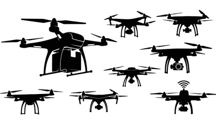 Obraz premium Diverse Drone Vector Silhouettes Cameras Delivery and Communication Technology Icons EPS10 Stock.eps